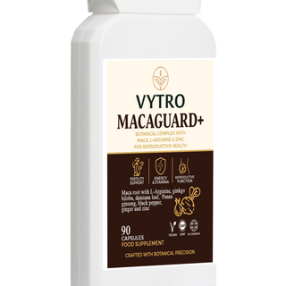 Angled product photo of VYTRO MACAGUARD+ capsules for male and female reproductive wellbeing – maca, damiana leaf, ginkgo and ginger formula.