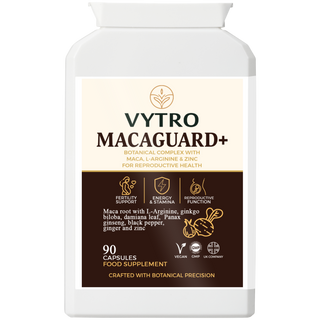 Front view of VYTRO MACAGUARD+ bottle showing fertility support, energy and reproductive function icons – crafted with botanical precision in the UK.