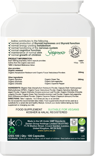 Back label of VYTRO MARINE+EARTH showing organic ingredients including seaweed kelp, chlorella, spirulina, ashwagandha, and green tea – source of iodine to support thyroid hormone production and metabolism.