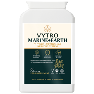 Front-facing VYTRO MARINE+EARTH bottle – iodine-rich organic seaweed and earth botanical formula for thyroid and energy balance – crafted for metabolic and nervous system support.
