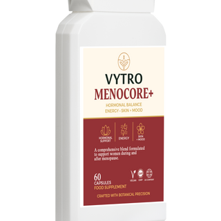Angled front image of VYTRO MENOCORE+ – crafted with botanical precision to promote hormonal balance, steady energy, and skin radiance for women.