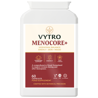 VYTRO MENOCORE+ Hormonal Balance Supplement – vegan botanical blend for menopause support, energy, mood, and skin health.