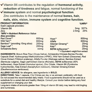 VYTRO MENOCORE+ back label listing key actives – Red Clover, Wild Yam, Sage Leaf, Vitamin B6 and Zinc for hormonal regulation, fatigue reduction, and skin support.