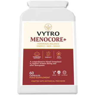 Front view of VYTRO MENOCORE+ – a vegan formula for women’s hormonal balance, skin vitality, and emotional wellbeing during and after menopause.