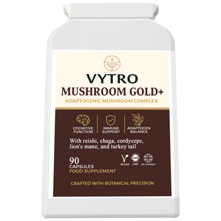 VYTRO Mushroom Gold+ adaptogenic mushroom complex supplement bottle showing front label with reishi, chaga, cordyceps, lion’s mane and turkey tail for cognitive function, immune support and adaptogen balance – 90 vegan capsules made in the UK.
