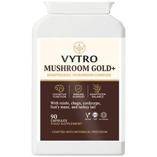 Front-facing VYTRO Mushroom Gold+ supplement bottle with cream and brown dual-tone label highlighting adaptogenic mushroom blend for brain health, immunity and energy balance – premium vegan food supplement crafted in the UK.