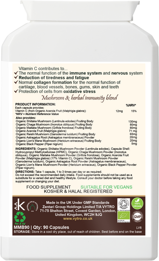 Back of VYTRO Mushroom Gold+ supplement bottle displaying full nutrition panel, organic mushroom and herbal blend ingredients including shiitake, chaga, maitake, reishi, lion’s mane, astragalus, acerola and black pepper with vegan, halal and kosher certifications.