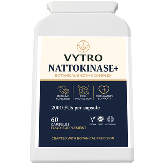 VYTRO Nattokinase+ botanical enzyme complex front label – circulatory support, immune balance, and cell protection with 2000 FUs per capsule, vegan UK supplement.