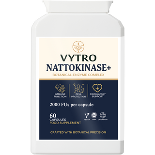 Front-facing VYTRO Nattokinase+ supplement showing immune and circulatory support icons – 60 vegan capsules formulated for enzyme balance and cardiovascular wellness.