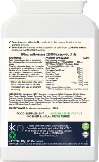 Back label of VYTRO Nattokinase+ showing ingredients with nattokinase from fermented soy, selenium, vitamin D, and herbal extracts for circulatory and immune support.