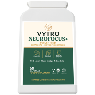 VYTRO NEUROFOCUS+ botanical nootropic complex with Lion’s Mane, Ginkgo Biloba, and Rhodiola — supports mental clarity, focus, and energy — 60 vegan capsules crafted in the UK.