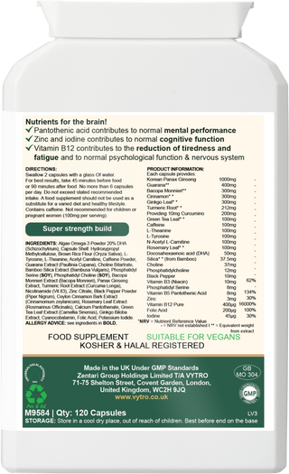 Back label of VYTRO NEUROFOCUS+ showing ingredients including Lion’s Mane, Ginkgo Biloba, Bacopa, L-Theanine, and Korean Ginseng — formulated for brain function, cognitive performance, and nervous system support.