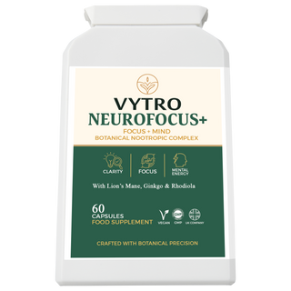Front-facing VYTRO NEUROFOCUS+ supplement bottle — advanced cognitive support blend with adaptogens and nootropics for focus, memory, and mental energy.