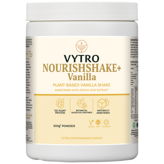 VYTRO NOURISHSHAKE+ Vanilla – plant-based protein shake with 15 g plant protein, botanical digestive enzymes, and natural stevia sweetener for smooth daily nourishment and energy.