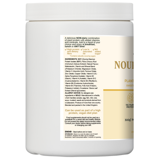 Ingredients and usage panel of VYTRO NOURISHSHAKE+ Vanilla – soy protein isolate with fibre, vitamins B12 and C, minerals, and stevia for plant-based meal-replacement support.