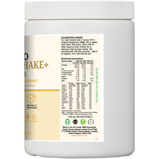 Nutrition label of VYTRO NOURISHSHAKE+ Vanilla showing vitamin-rich vegan protein formula, amino acid profile, and nutritional values for balanced high-protein diets.