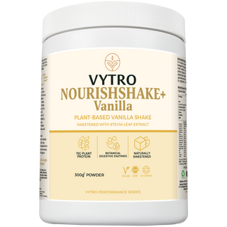 Front view of VYTRO NOURISHSHAKE+ Vanilla – creamy vegan protein blend enriched with plant nutrients and botanical enzymes, crafted for vitality and digestive comfort.