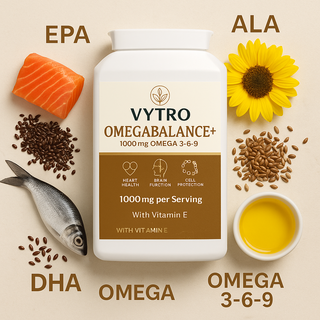 VYTRO OMEGABALANCE+ Omega 3-6-9 capsules — balanced blend of fish oil, flaxseed oil, and sunflower oil with Vitamin E for heart, brain, and cell protection — made in the UK.