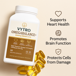 VYTRO OMEGABALANCE+ softgel capsules displayed beside bottle — promotes brain function, supports heart health, and protects cells from oxidative stress.
