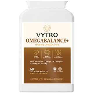 Front view of VYTRO OMEGABALANCE+ 1000mg Omega 3-6-9 complex — premium supplement supporting heart health, brain function, and cell protection.