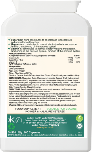 Back label of VYTRO OxyDetox+ showing ingredients including magnesium compounds, citrus bioflavonoids, sugar beet fibre and apple cider vinegar – supports gut function and oxygen detox balance.