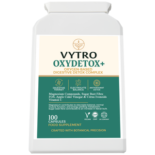 VYTRO OxyDetox+ oxygen-based digestive detox complex with magnesium, sugar beet fibre, apple cider vinegar and vitamin C – supports digestion, detox and electrolyte balance – 100 vegan capsules made in the UK.