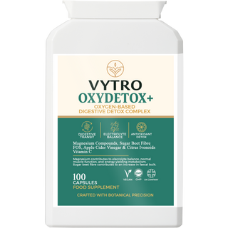 Front-facing VYTRO OxyDetox+ oxygen-based digestive cleanse supplement – promotes digestive transit, antioxidant detox and electrolyte balance – vegan and GMP certified.