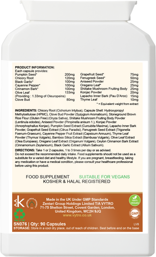 Back label of VYTRO Para-Pure+ showing ingredients including black garlic, clove bud, pumpkin seed, olive leaf, grapefruit seed, and oregano – botanical parasite cleanse and immune balance formula.