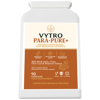 VYTRO Para-Pure+ parasite detox blend with black garlic, clove, olive leaf, and botanical extracts – microbiome reset and immune support supplement – 90 vegan capsules made in the UK.