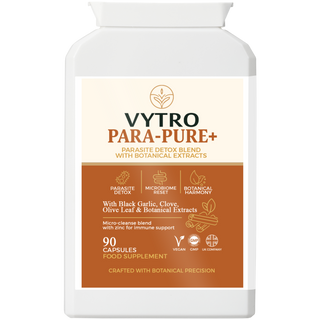 Front-facing VYTRO Para-Pure+ parasite cleanse and detox supplement with zinc and botanical ingredients – supports microbiome balance and immune function – crafted with botanical precision.