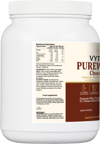 Nutritional label of VYTRO PUREWHEY+ Chocolate — whey protein isolate and concentrate with stevia leaf extract, cocoa and natural flavouring for lean muscle recovery.
