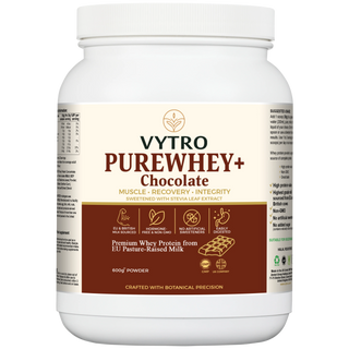 VYTRO PUREWHEY+ Chocolate protein powder — premium whey for muscle recovery, strength and integrity — non-GMO, stevia sweetened, hormone-free, 600g made in the UK.