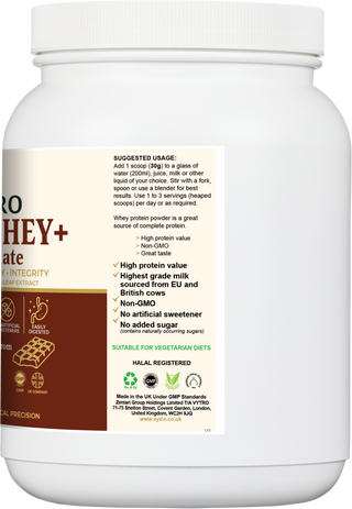 VYTRO PUREWHEY+ usage label showing suggested use, halal registration, vegetarian suitability, and certifications — high protein, non-GMO, no artificial sweeteners.