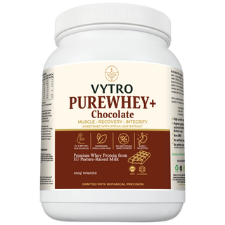 Front view of VYTRO PUREWHEY+ Chocolate whey protein — crafted from EU pasture-raised milk for muscle repair, recovery and high-protein performance.
