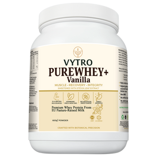 Front view of VYTRO PUREWHEY+ Vanilla — crafted with EU and British milk for smooth blend protein absorption and enhanced muscle repair.