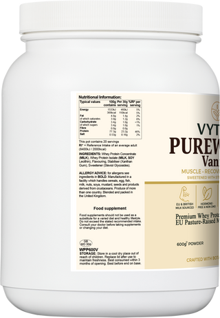 Nutritional information of VYTRO PUREWHEY+ Vanilla — whey protein isolate and concentrate with stevia leaf extract and natural vanilla flavour for clean recovery fuel.