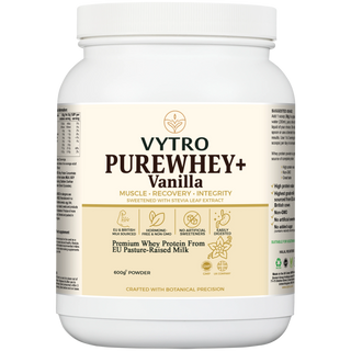 VYTRO PUREWHEY+ Vanilla protein powder — premium whey blend for muscle recovery and strength — non-GMO, hormone-free, stevia sweetened, made from EU pasture-raised milk in the UK.