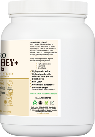 VYTRO PUREWHEY+ Vanilla usage and certification label — high protein, non-GMO, no artificial sweeteners, halal registered and suitable for vegetarian diets.