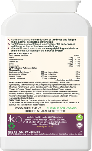 Back label of VYTRO REST+NIGHT showing ingredients including magnesium, ashwagandha KSM-66®, montmorency tart cherry, lemon balm, vitamin B6 and biotin – for sleep induction and nervous system support.