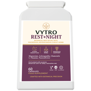 VYTRO REST+NIGHT botanical rest supplement with magnesium, ashwagandha, chamomile, L-theanine and passionflower – supports deep sleep, calm mind and nervous balance – 60 vegan capsules made in the UK.
