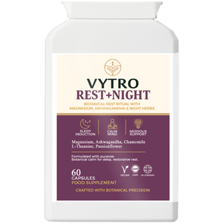 Front-facing VYTRO REST+NIGHT bottle – magnesium and herbal sleep support blend with ashwagandha and chamomile – formulated to reduce fatigue and promote restorative night sleep.