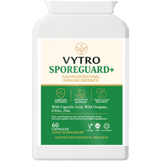 VYTRO SPOREGUARD+ gastrointestinal and immune defence supplement with caprylic acid, wild oregano, clove, and zinc – supports candida defence, digestive balance, and gut health – 60 vegan capsules made in the UK.