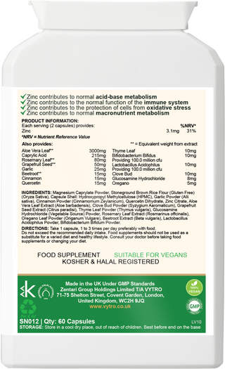 Back label of VYTRO SPOREGUARD+ showing ingredients including aloe vera, caprylic acid, clove, oregano, zinc, and probiotic strains – supports acid-base metabolism and immune system function.