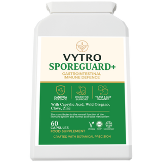 Front-facing VYTRO SPOREGUARD+ bottle – advanced digestive and candida support formula with botanical extracts and zinc – crafted for gut balance and immune resilience.