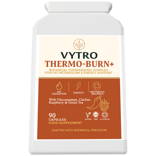 VYTRO THERMO-BURN+ botanical thermogenic complex with glucomannan, green tea, raspberry ketone and choline — supports fat oxidation, energy production and metabolic balance — 90 vegan capsules made in the UK.