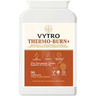 Front-facing VYTRO THERMO-BURN+ bottle — advanced natural fat-burn and energy-boost formula with green tea, raspberry and glucomannan for metabolic balance and weight management.