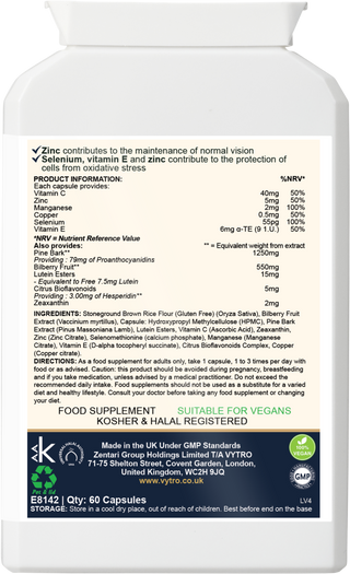 Back label of VYTRO VISIONGUARD+ eye health capsules listing vitamins A, C and E, zinc, selenium, lutein esters and bilberry extract – suitable for vegans and halal registered – made in the UK under GMP standards