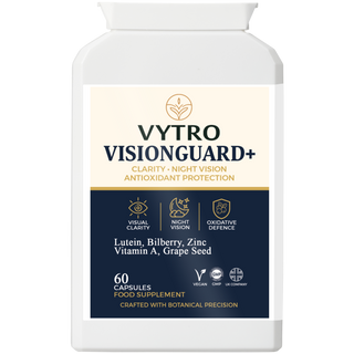 Front label of VYTRO VISIONGUARD+ eye vitamin supplement showing lutein, bilberry, grape seed extract and zinc – crafted with botanical precision for healthy eyes and night vision support